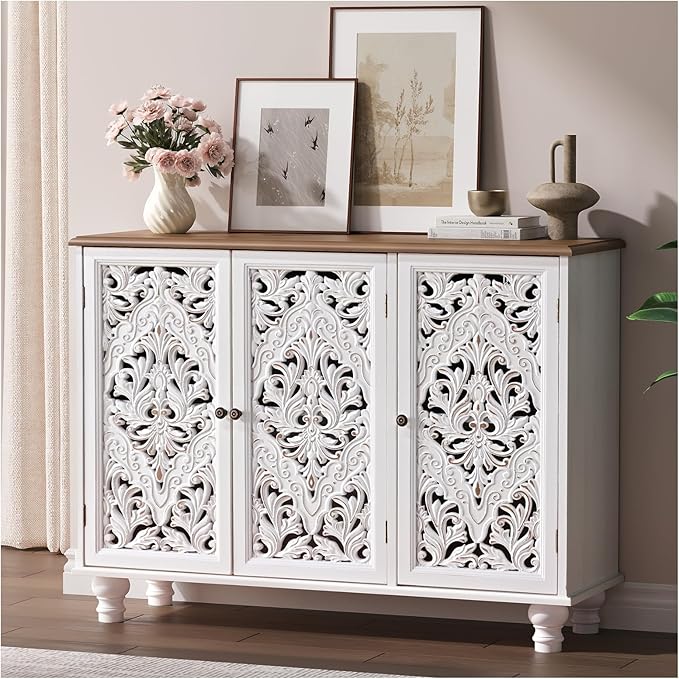 JOINICE 42.5" Accent Storage Cabinet with 3 Carved Doors,Mandala White | Versatile Storage for Living Room & Dining Room & Bedroom & TV Stand, Solid Wood Legs, Boho/Farmhouse/Rustic, Easy Assembly