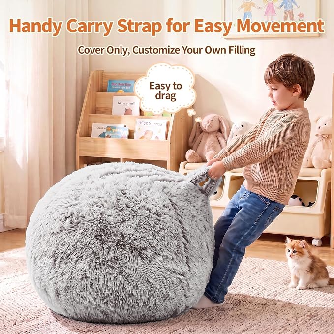 Stuffed Animal Storage Bean Bag Chair Cover, Soft Bean Bag Cover | Fluffy Faux Fur Stuffed Animal Storage Chair, Non-Slip Bottom, Fill with Plush Toys or Blankets, for Adults Teens Kids Girls