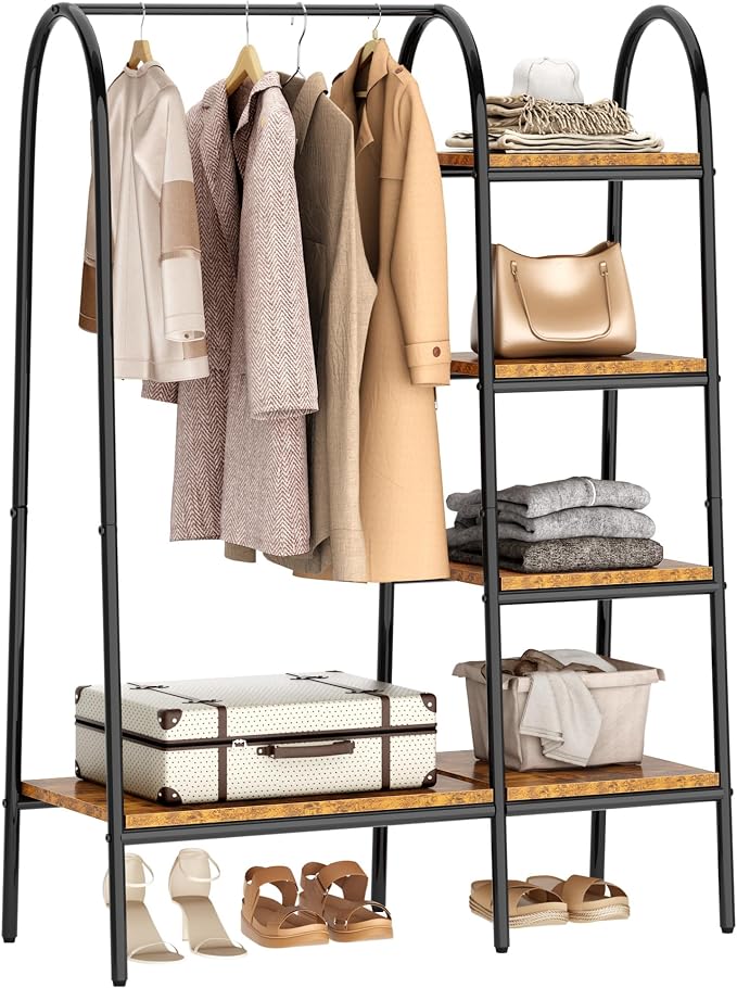 soges Clothes Rack, Garment Rack with 5 Shelves Hanging Bar, Rustic Brown | Open Wardrobe for Hanging Clothes and Storage, Free Standing Closet Organizer, Clothing Rack for Bedroom Entryway Small Space