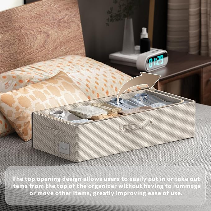 CYhom 3Pcs Under Bed Storage Bins with Metal Frame - Shoe Organizer for Closet with Clear Cover Oxford Fabric Sturdy Underbed Container Foldable Stackable Clothes Organizer (Beige, 23.5x15.7x6.3)