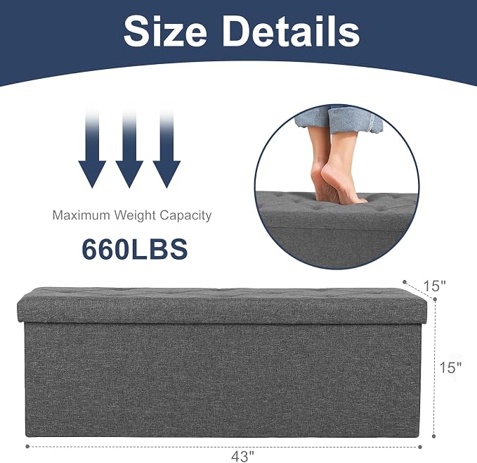 DUMOS 43 Inch Folding Storage Ottoman Bench, Large Ottoman with Storage | Storage Chest with Thicker Foam Padded Seat, End of Bed Foot Rest Stool for Bedroom Living Room Entryway, Load 660 lbs, Grey