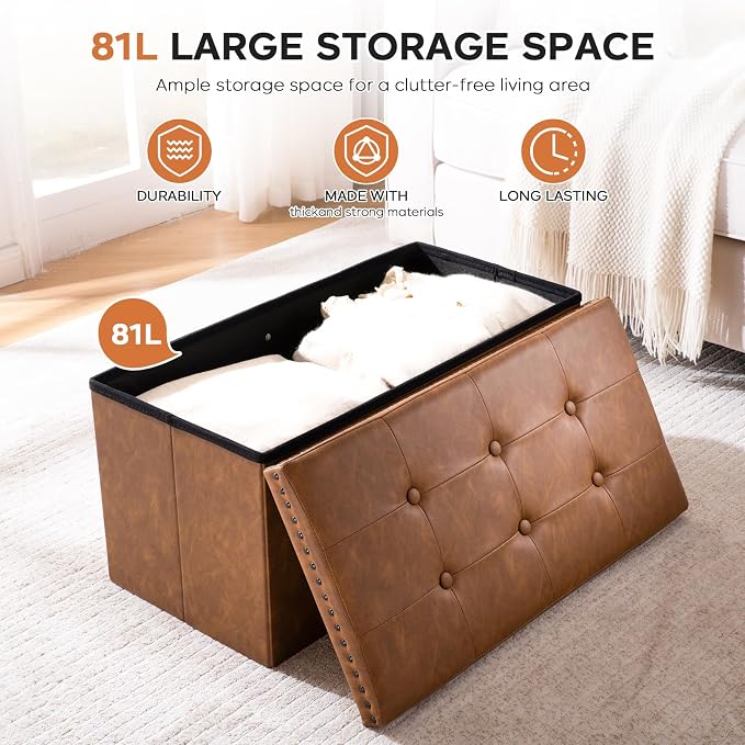 oakvivo 30 Inches Folding Storage Ottoman Bench, PU Leather Tufted End of Bed Bench, Foot Rest with Rivet Design, Ottoman with Storage, Load 330 lb, for Living Room, Bedroom, Entryway, Brown