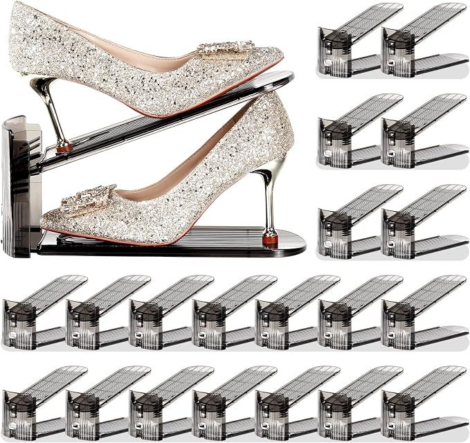 Shoe Slots Organizer 20 Pack - Shoe Stacker,3 Levels Adjustable,Space Savers 50%,Double Layer Holders for Closet (Black),Organizador de Zapatos