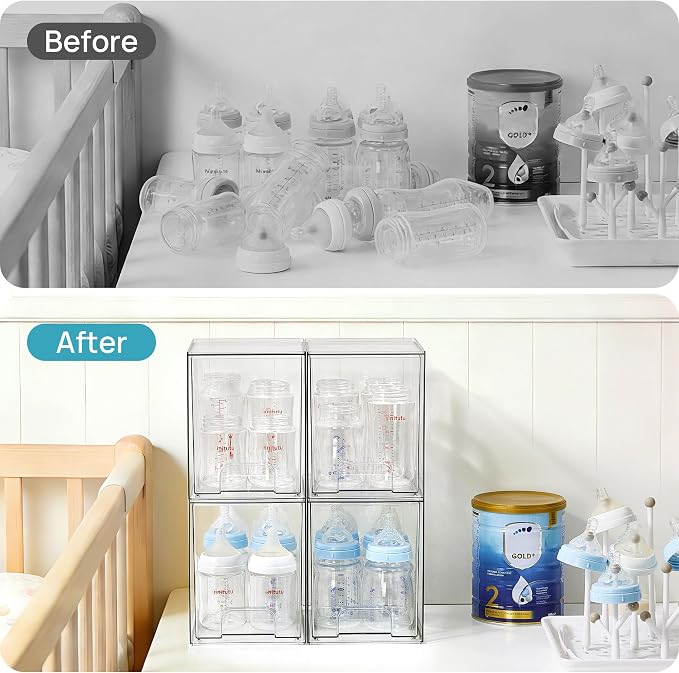 Vtopmart Clear Stackable Storage Drawers, 4 Pack Tall Plastic Organizers | Clear Pull-Out Drawers, Stackable Design for Skincare, Cosmetics, Beauty Supplies, Vanity, Bathroom, Cabinet and Countertop