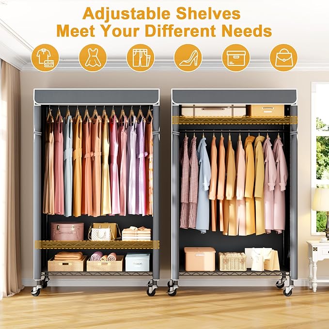 P6C Rolling Clothes Rack with Cover, 3-Tier Covered Clothing Rack | Portable Closets for Hanging Clothes, Heavy Duty Garment Rack on Wheels, Black Closet Rack with Gray Cover, Max Load 365LBS
