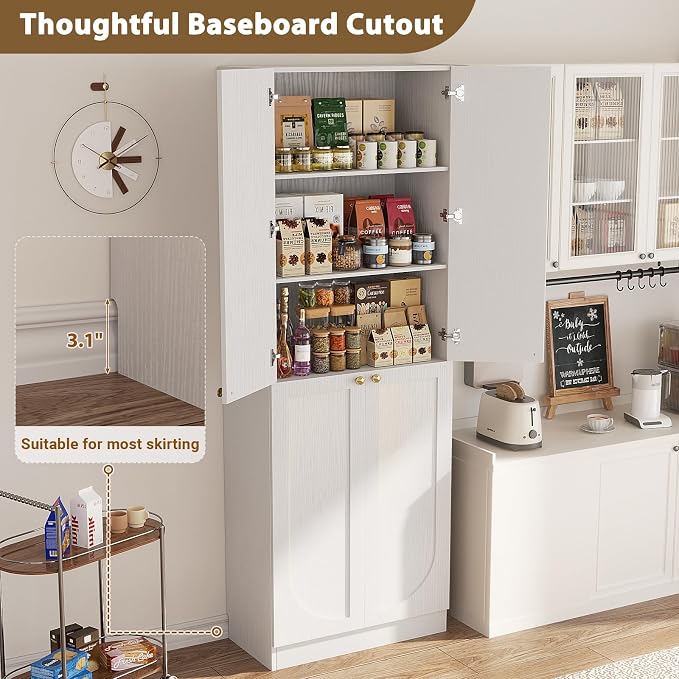 Cyclysio 80" Kitchen Pantry, Extra Tall Arch Storage Cabinet with 8 Soft Close Doors and Adjustable Shelves, Freestanding Wood Cupboard with Seamless Fit Wall for Dining Living Room Bathroom Furniture