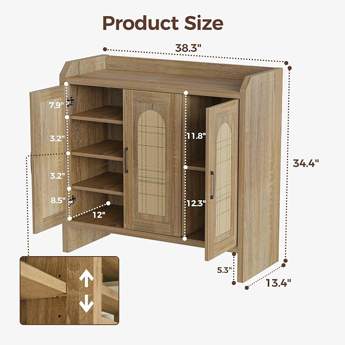 Rattan Shoe Storage Cabinet, Farmhouse Shoe Cabinets Storage for Entryway, Boho Wooden Shoe Rack with 3 Doors for Entryway, Hallway (Natural, 3 Door)