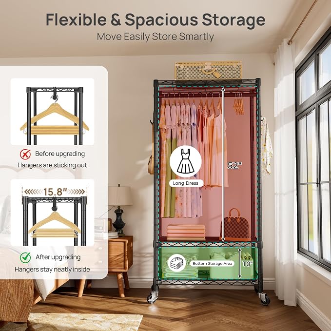 Golpart Heavy Duty Rolling Clothes Rack Wheels Portable Metal Garment Rack | Wardrobe Adjustable Wire Shelving Metal Double Clothing Racks for Hanging Clothes Organizer Closet Laundry Room Organization