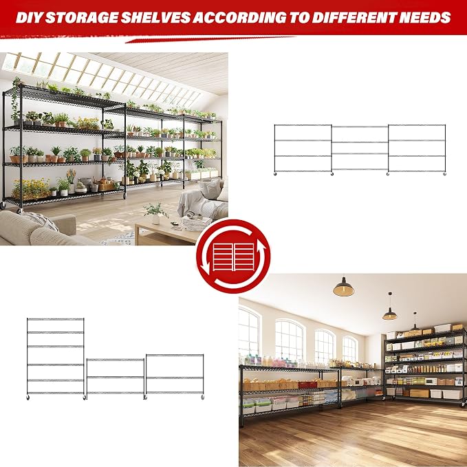 REIBII 6-Tier Wire Shelving Units with Wheels — 60" W Extra-Wide Heavy Duty Metal Shelving, 3,598 lbs Capacity, Adjustable Storage Racks for Garage, Pantry, Basement & Commercial Use, 2 Pack