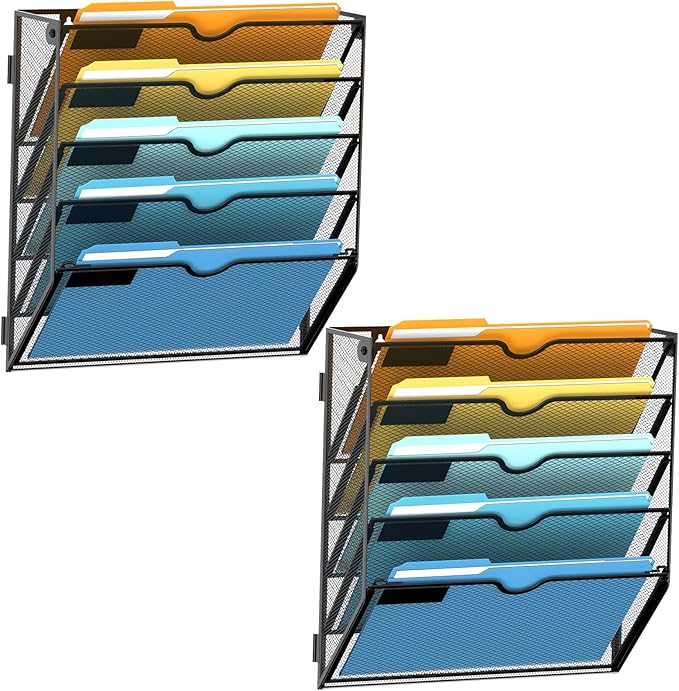 SUPEASY 5-Tier Hanging Wall File Organizer with Hooks, 2 Pack | Mesh Wall File Holder, Mail Organizer Wall Mounted for Papers, Documents, Folders and Magazines in Home Office, Classroom