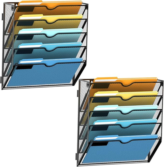 SUPEASY 5-Tier Hanging Wall File Organizer with Hooks, 2 Pack | Mesh Wall File Holder, Mail Organizer Wall Mounted for Papers, Documents, Folders and Magazines in Home Office, Classroom