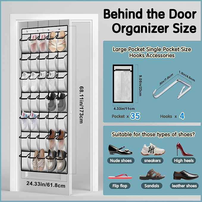 Kotkn 35 Compartment Over The Door Storage - Breathable Mesh Hanging Organizer with Large Pockets, Space Saving Design for Men & Women's Footwear, Closet, Bedroom （White）