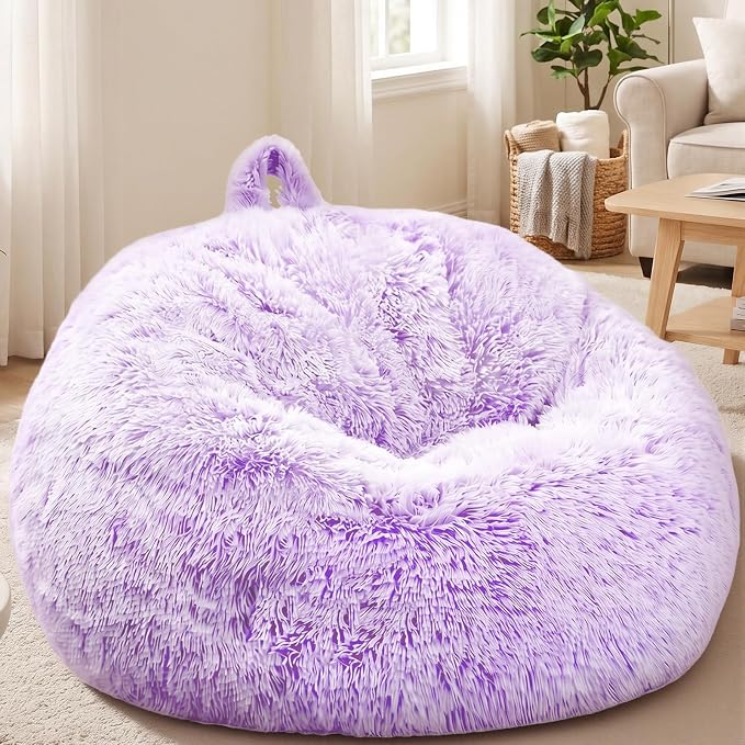 Stuffed Animal Storage Bean Bag Chair Cover, Soft Bean Bag Cover | Fluffy Faux Fur Stuffed Animal Storage Chair, Non-Slip Bottom, Fill with Plush Toys or Blankets, for Kids Teens Adults Girls