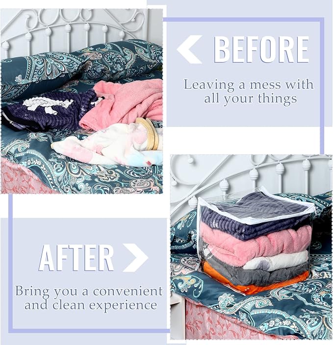 6 Packs Clear Zippered Storage Bags 12 x 12 x 12 Inch Sweater Moth Bags Vinyl Plastic Storage for Blankets Clothes Bed Sheet Organizer with Zipper for Closet Linen Sweater Clothes Comforters Pillow