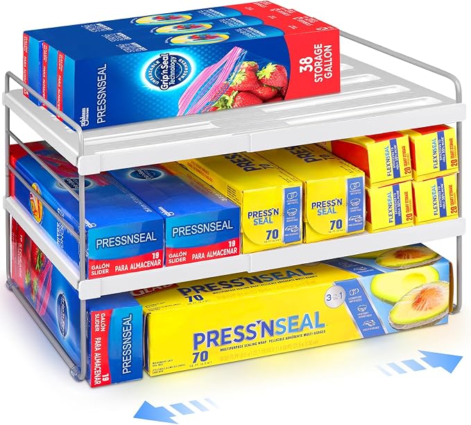 Cirhy Expandable Foil and Plastic Wrap Organizer, 3-Tier, 9.8-15.6 in | Adjustable Pantry Organizers and Storage, for Tin Foil, Ziplock Box & Saran Wrap, Cabinet or Countertop Organization