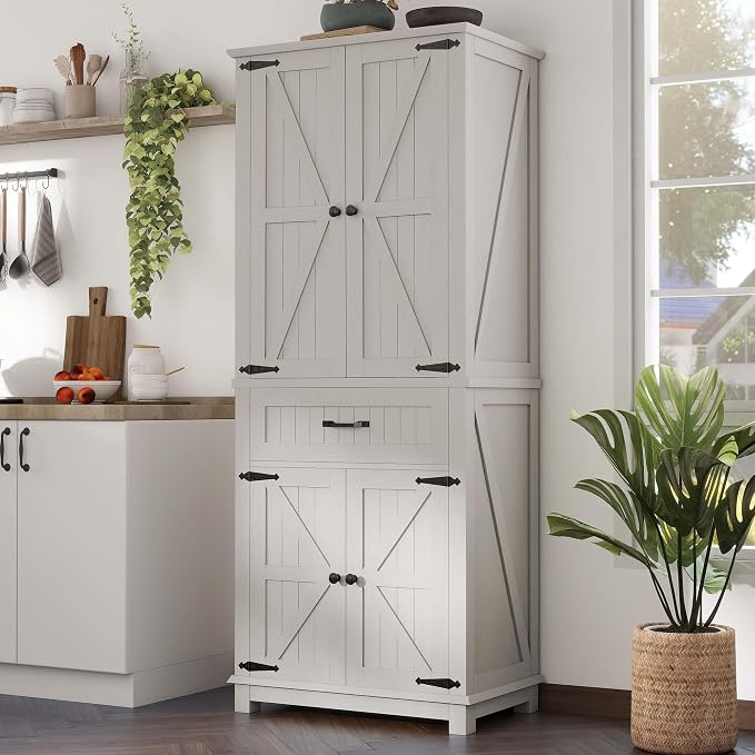 YITAHOME 72.6" Tall Farmhouse Pantry Cabinet, Storage Cupboard with 4 Barn Doors, 1 Drawer & Adjustable Shelves, Kitchen Cabinet for Dining Room, Living Room, White | Freestanding Storage Cupboard with 4 Barn Doors, Drawer & Adjustable Shelves, Kitchen...