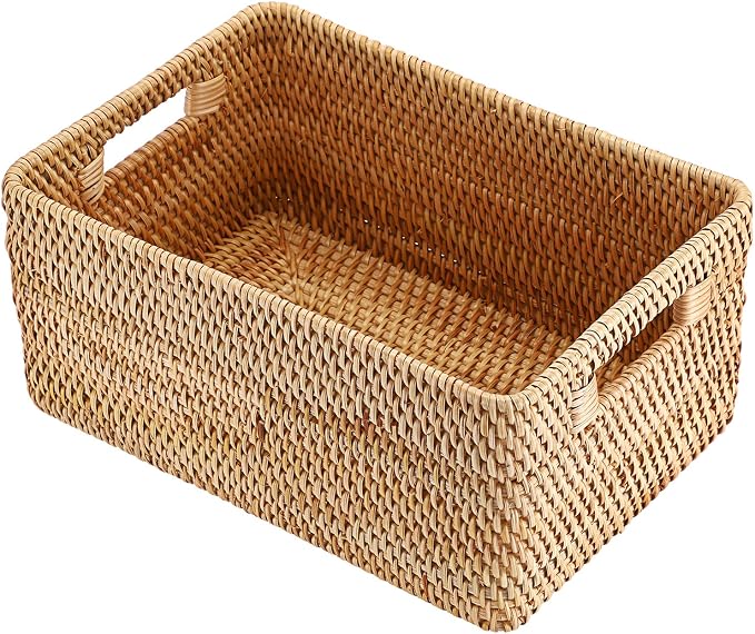 Hipiwe Woven Rattan Basket Natural Wicker Storage Basket Box with Handles | Rectangular Open Storage Bin for Shelf Bathroom Living Room Kitchen, 13" x 8.7" x 5.9"