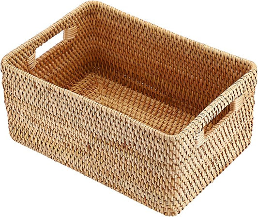 Hipiwe Woven Rattan Basket Natural Wicker Storage Basket Box with Handles | Rectangular Open Storage Bin for Shelf Bathroom Living Room Kitchen, 13" x 8.7" x 5.9"