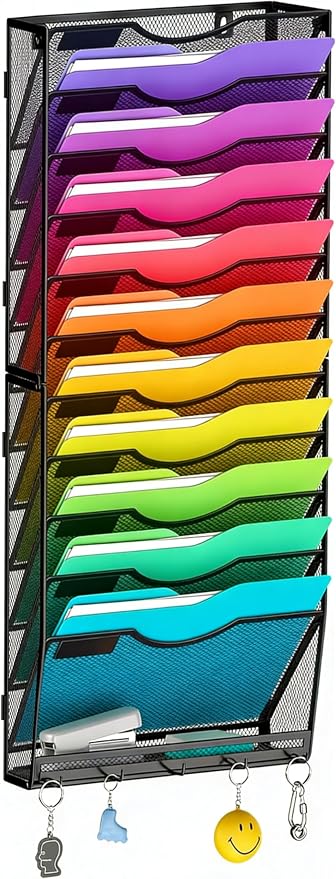 Gawerk Hanging Wall File Organizer, 12+1 Tier | 5 Hooks, Wall Mounted, Sturdy Mesh, For Office Home