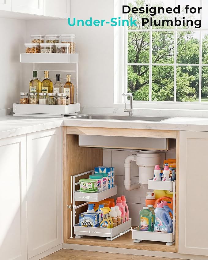 EVERIE Height Adjustable 2 Tier Metal Pull Out Slide Shelf Organizer for Framed or Frameless Under Sink Cabinets in Kitchen, Bathroom, with Snap-on Top Tray (White, 2 Sets)