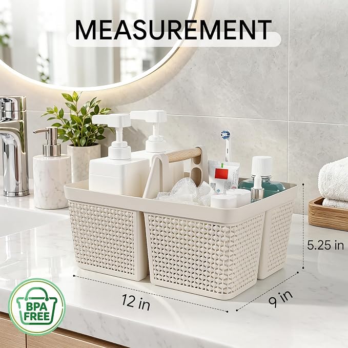 UUJOLY Portable Plastic Shower Caddy Basket with Wooden Handle, Beige | Divided Storage Organizer Tote for Bathroom, Dorm, College, Kitchen & RV – Lightweight, Easy-Carry Essentials Caddy