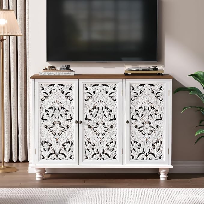 JOINICE 42.5" Accent Storage Cabinet with 3 Carved Doors,Mandala White | Versatile Storage for Living Room & Dining Room & Bedroom & TV Stand, Solid Wood Legs, Boho/Farmhouse/Rustic, Easy Assembly