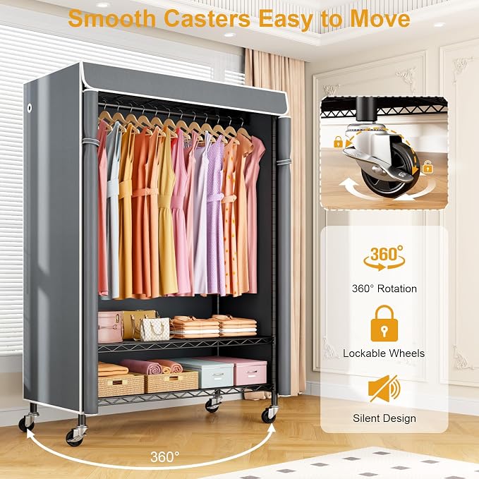P6C Plus Rolling Clothes Rack with Cover, Covered Clothing Rack | Portable Closets for Hanging Clothes, Heavy Duty Garment Rack on Wheels, Black Closet Rack with Gray Cover, Max Load 375LBS