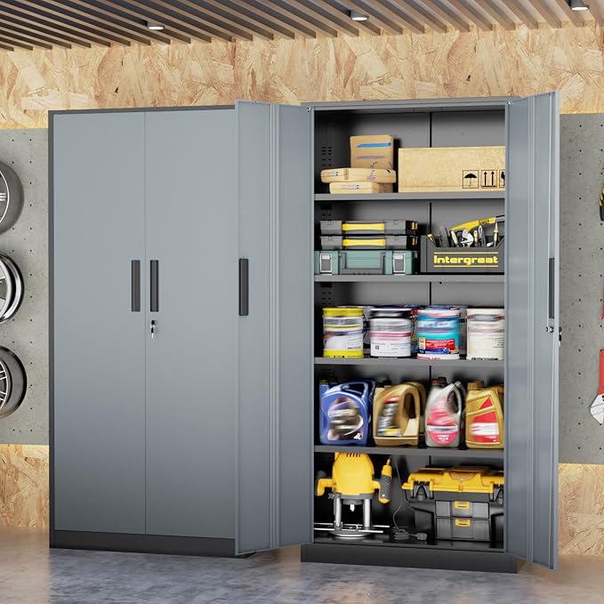 INTERGREAT Metal Storage Cabinet, 72" Locking Steel Cabinets with 2 Door and 4 Adjustable Shelves, Tall Metal Cabinet for Home Office, Garage, Warehouse,(Black+Grey)