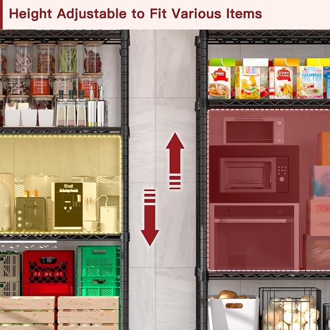 PrimeZone Wire Storage Shelves, 5-Tier Adjustable NSF Metal Shelving | Alloy Steel Structure, 1250 LBS Capacity, Adjustable Leveling Feet, 4 Hooks, 35.5"W x 14"D x 72"H for Kitchen, Pantry, Closet
