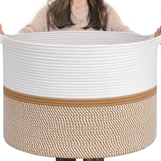 CHICVITA XXL Cotton Rope Woven Blanket Basket with Handles, White & Brown | Home decor storage basket for laundry, baby nursery, toys. Decorative toy bin, 22x22x14in