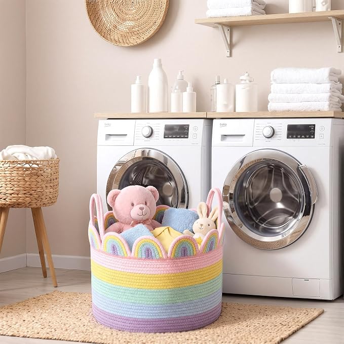 LemonRoad Pastel Rainbow Round Basket Large Blanket Basket 16" x 14" Scalloped Woven Baskets Cotton Storage Baskets for Nursery Classroom Closet Blankets Storage Home Decor