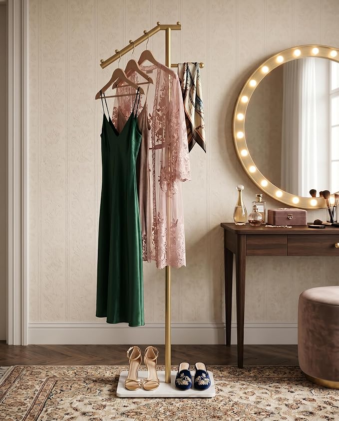 F-Shaped Metal Clothes Hanger, Modern Coat Rack with Rock Base, Gold Freestanding Coat Rack, Bottom with Sponge Pad,Suitable for Boutiques, Entryway, Living Room, Hallway, Bedroom,15.7" X 9.8" X 66.9"