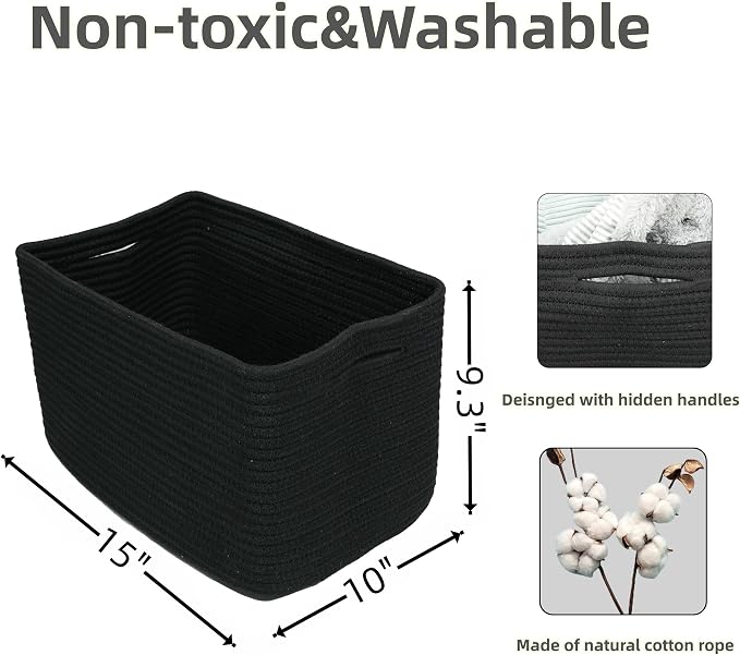 XUANGUO Woven Cotton Rope Storage Baskets 15x10x9.3" 3 Pack Black | Decorative rectangular storage baskets for shelves and closets; storage bins organize clothes, toys, books and nursery items.
