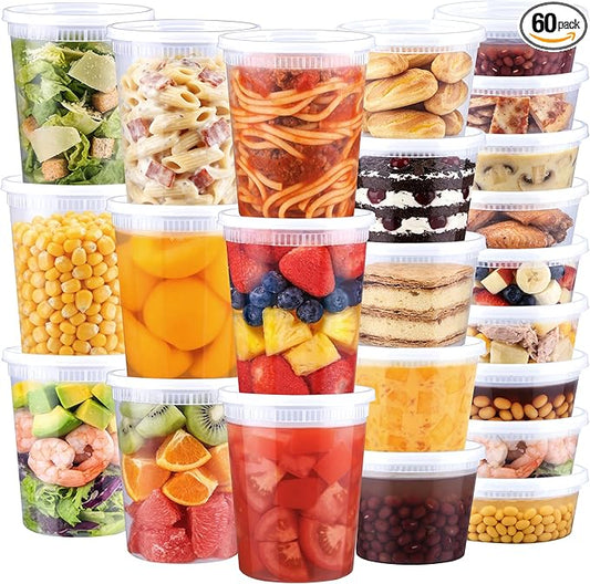 BYSNOW 60 Sets Deli Containers with Lids Plastic Food Storage Containers | 32/16/8 oz X 20 Set Each, Leak-Proof & BPA Free Airtight Stackable Takeout, Freezer/Microwave/Dishwasher Safe