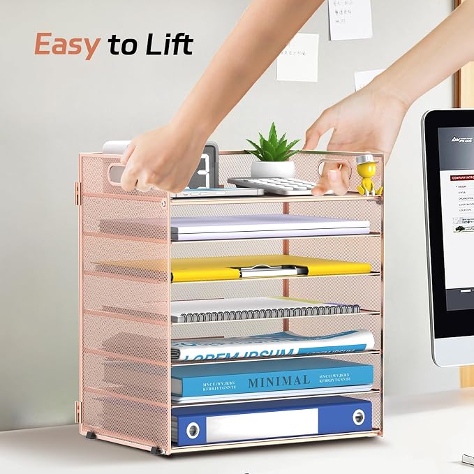 7 Tier Paper Organizer for Desk with Letter Trays and Handle Rose Gold | Desk File Organizer with Handle for Sorting Papers, Files, Folders, Mail, Bills and Office Supplies