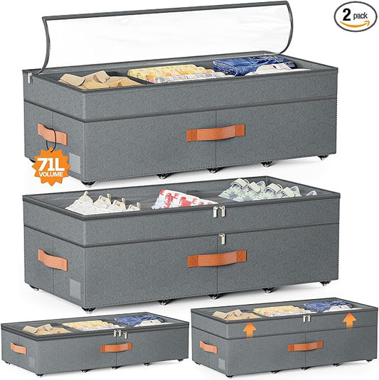 Under Bed Storage with Wheels, 2Pack 71L Under the Bed Storage Containers | Adjustable Underbed Drawer with Lids, Underbed storage Rolling Bin for Shoes, Clothes, Blankets, Grey