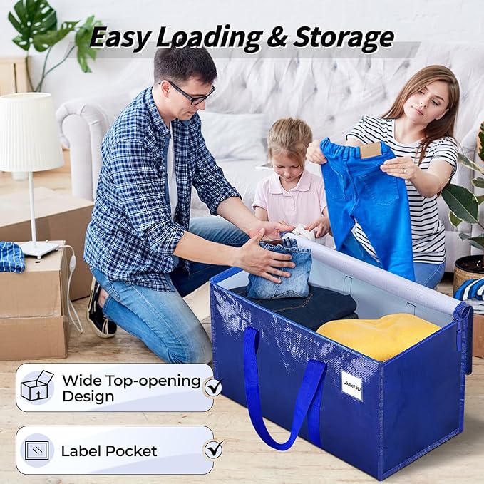 8 Pack Extra Large Clothes Storage Bins with Lids, Storage Bags with Reinforced Handles & Heavy-Duty Zippers, Moving Bags, Moving Boxes Totes for Clothes Packing, Dorms, College Supplies, Blue