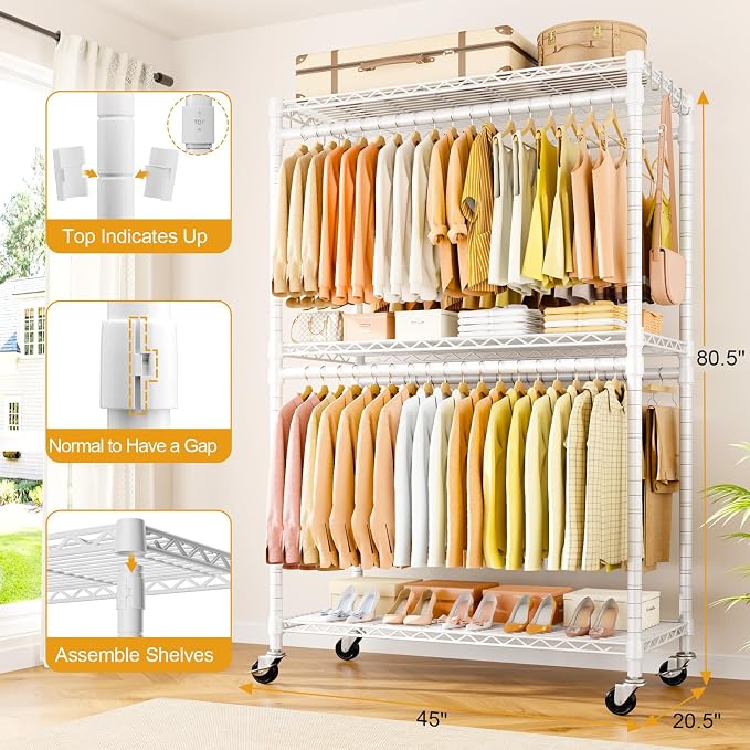 Rolling Clothes Rack, Clothing Racks for Hanging Clothes, White | P5 Plus Heavy Duty Garment Rack with Wheels, 3-Tier Shelves, Portable Closet Racks 45''W × 20.5''D × 80.5''H, Max Load 660Lbs