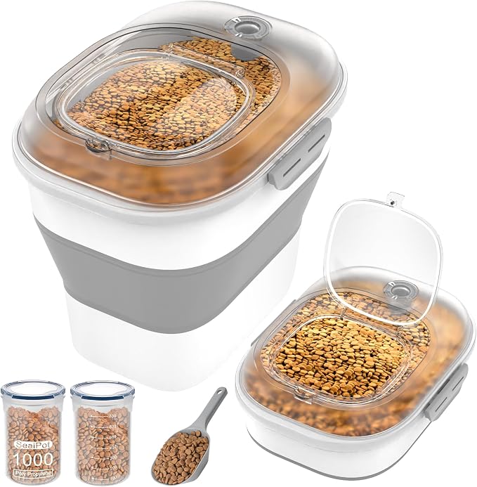 32-35 Lbs Dog Food Storage Container Wheels,Collapsible Dog Food Container | Pet Food Storage Container with Transparent Airtight Lid,Date Track,Keep Fresh for Rice,Flour,Sugar,Scoop and 2PCS Container