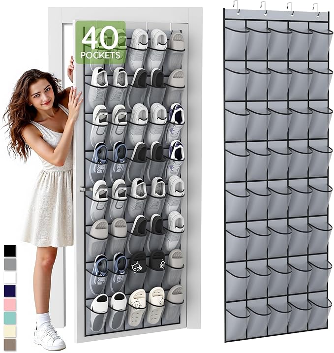 Over the Door Shoe Organizer with 40 Large Breathable Mesh Pockets, Space Saving Shoe Holder, Hanging Shoe Rack for Entryway Bedroom Closet Storage (Grey, 40 Pockets)