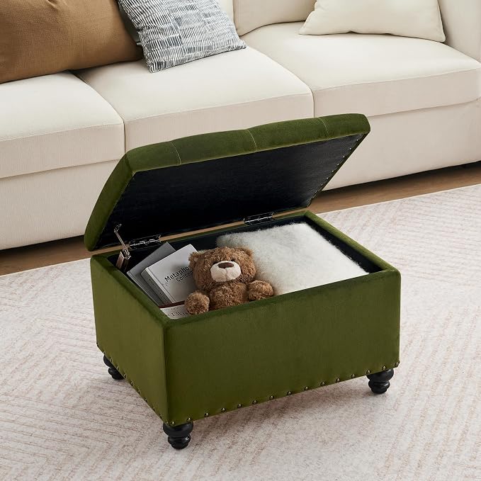 Zihanhome Velvet Storage Ottoman Bench, Button Tufted Ottoman with Hidden Storage, Upholstered Foot Rest Stool with Solid Wood Legs for Living Room, Bedroom, Entryway & Small Spaces (Olive Green)