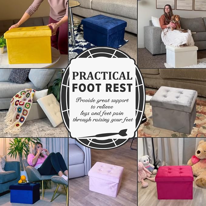 LINMAGCO Small Velvet Ottoman with Storage Rectangle Foot Rest Under Desk Stool for Room Folding Ottoman Furniture with Button turfted-Navy 16X12X12IN