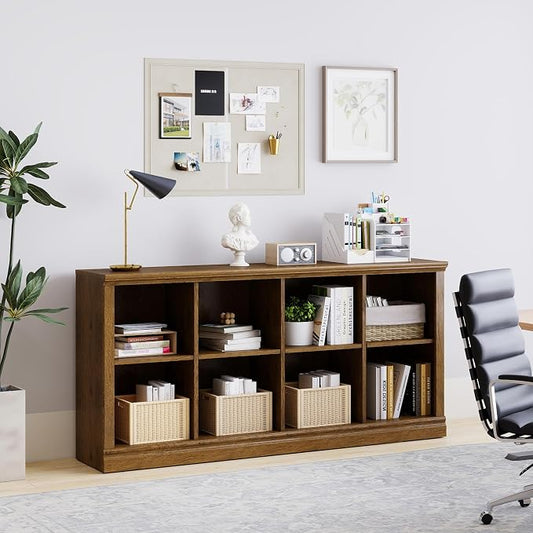 2 Tiers 8 Cube Storage Organizer Bookcase, 54 inch Width Wooden Book Shelf | 8 Storage Cube Adjustable Space Book Case, Vintage Oak Horizontal Bookshelf Display Cabinet Organizer for Home Library Office