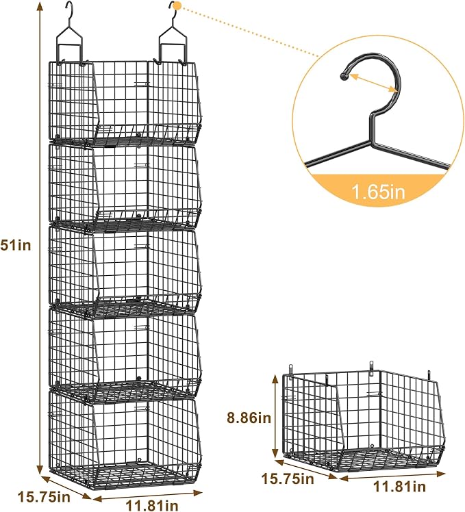 Capacity Upgrade Edition Deeper 4'' 5 Tier Foldable Hanging Closet Organizer and Storage，Wire Cabinet Shelves and Rack with 5 S Hooks,Stackable Metal Basket Bins for Clothes Shoe Purse,Black