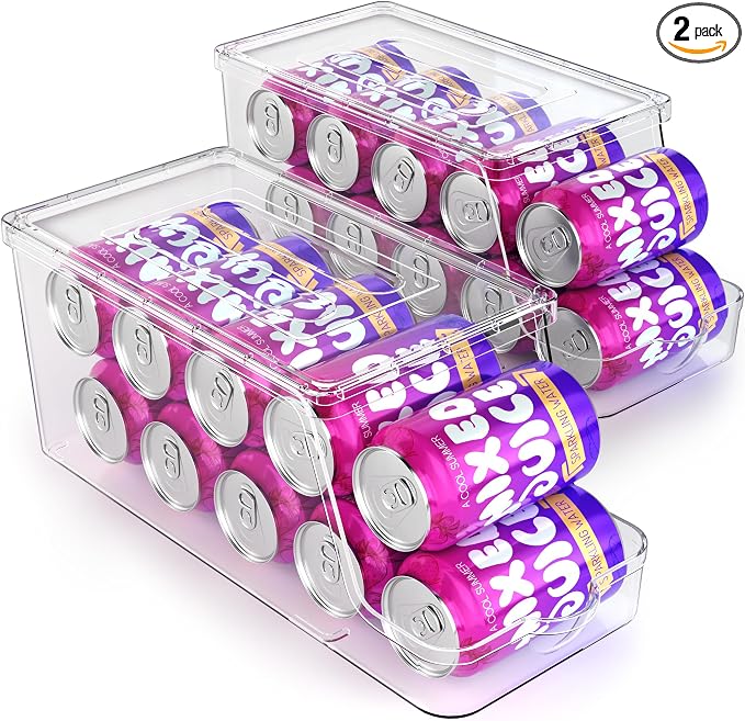 theaoo Soda Can Dispenser for Refrigerator with Lids, Stackable, 2 Pack | Clear Drink Organizer With Lids For Refrigerator Storage. Pantry Organizers And Storage For Fridge And Kitchen Cabinets