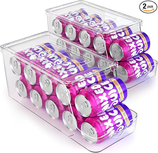 theaoo Soda Can Dispenser for Refrigerator with Lids, Stackable, 2 Pack | Clear Drink Organizer With Lids For Refrigerator Storage. Pantry Organizers And Storage For Fridge And Kitchen Cabinets
