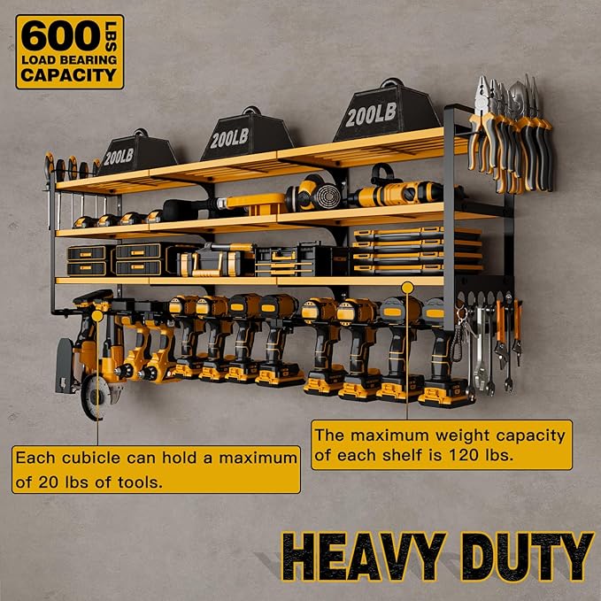 NattyDot Power Tool Organizer Wall Mount, 48-Inch 12 Drill Holders, Yellow | Extra-wide 48-inch Heavy-duty Wall Rack Stores 12 Cordless Drills and Assorted Tools, Maximizing Garage and Workshop Storage