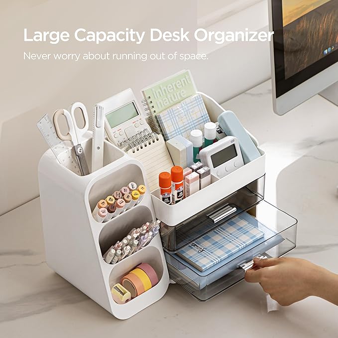 HBlife Desk Organizer with Pen Pencil Holder for Desk, Pen Organizer with 2 Drawers, Desk Organizers and Accessories with 4 Compartments, Desktop Storage for Office Home School Art Supplies, White
