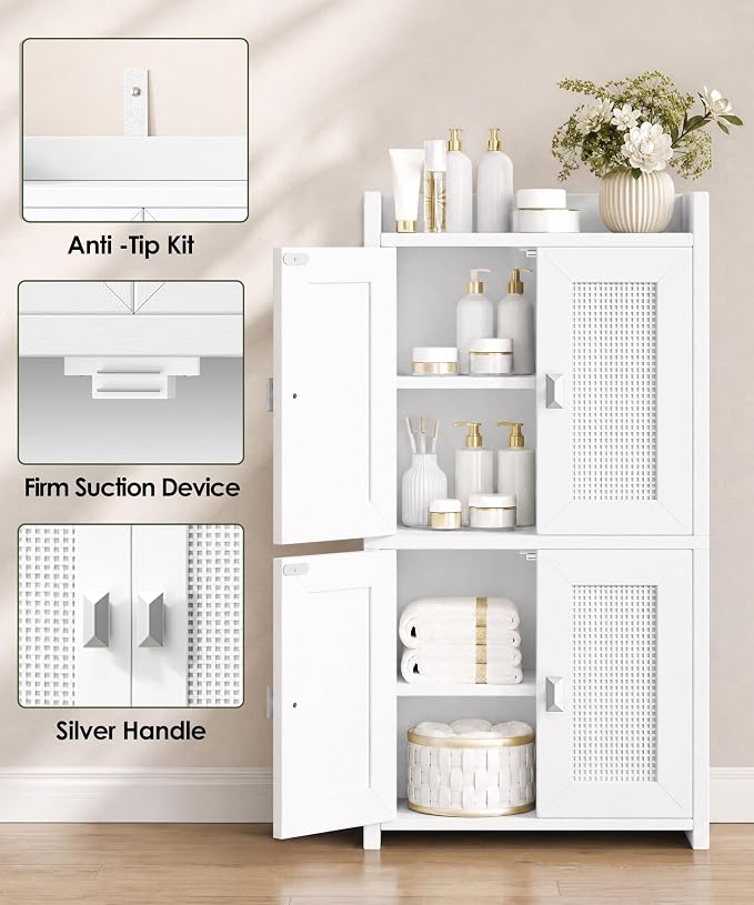 Akxomel 15" Rattan Small Bathroom Cabinet 4 Doors Adjustable Shelf White | Bathroom Organizer and Storage, Toilet Paper Floor Cabinet for Small Space