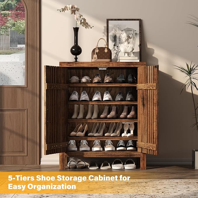 UNIQUITE Wooden Shoes Cabinet with Adjustable Shelves, Retro Freestanding Shoe Organizer Cabinet for Entryway Hallway Living Room, 5-Tier Shoe Cabinet with Doors for 20 Pairs, Dark Walnut